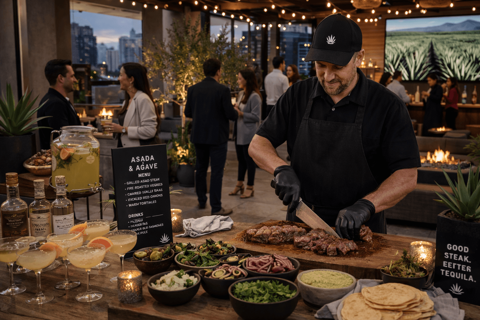 Rooftop evening with chef slicing carne asada