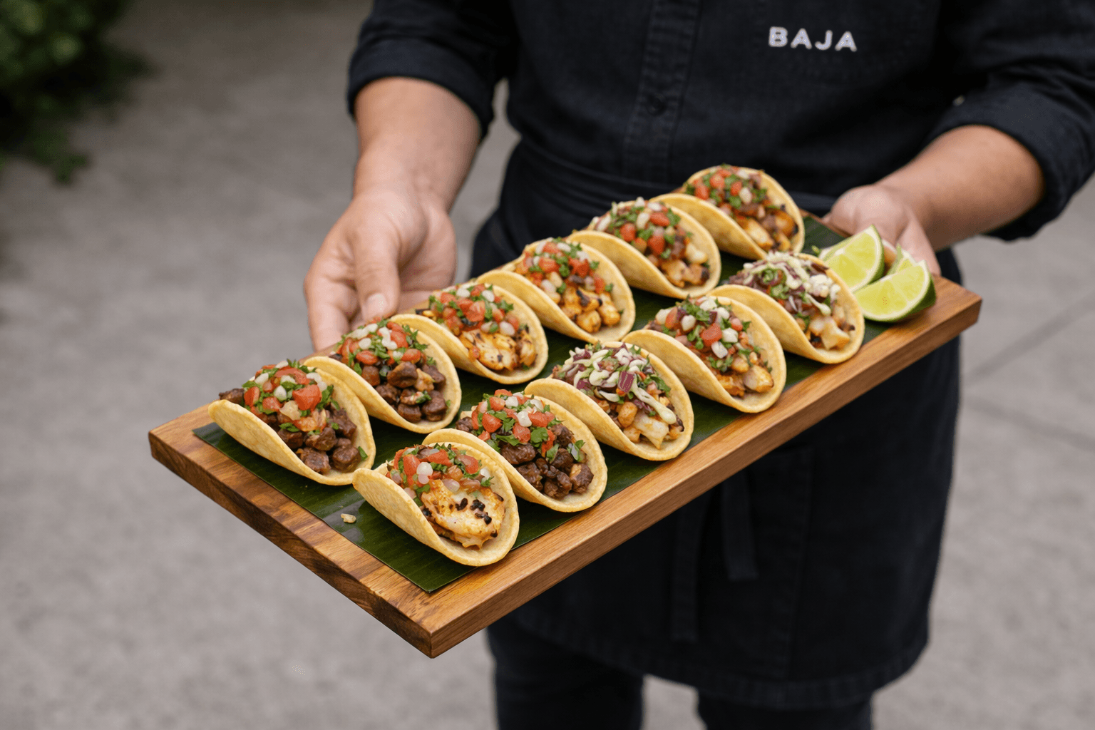 Server holding a wooden board of assorted tacos