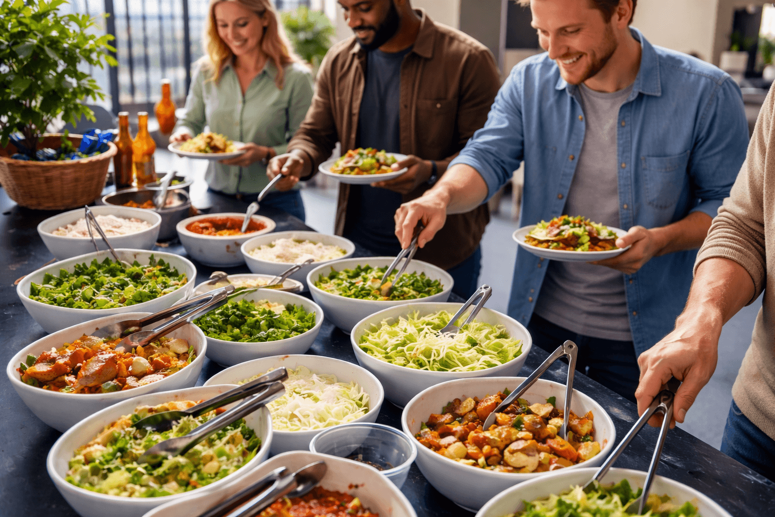 People serving themselves from a colorful taco toppings bar