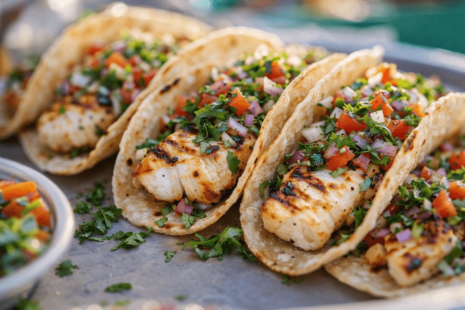 Close-up of grilled fish tacos with fresh pico de gallo