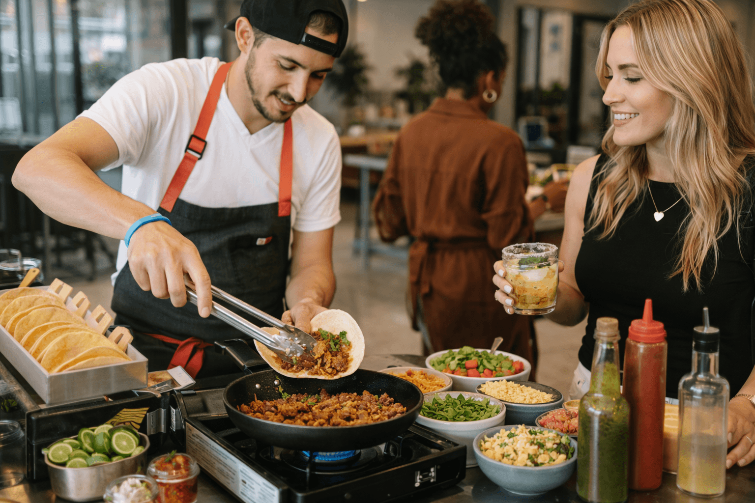 Chef assembling tacos at a live cooking station