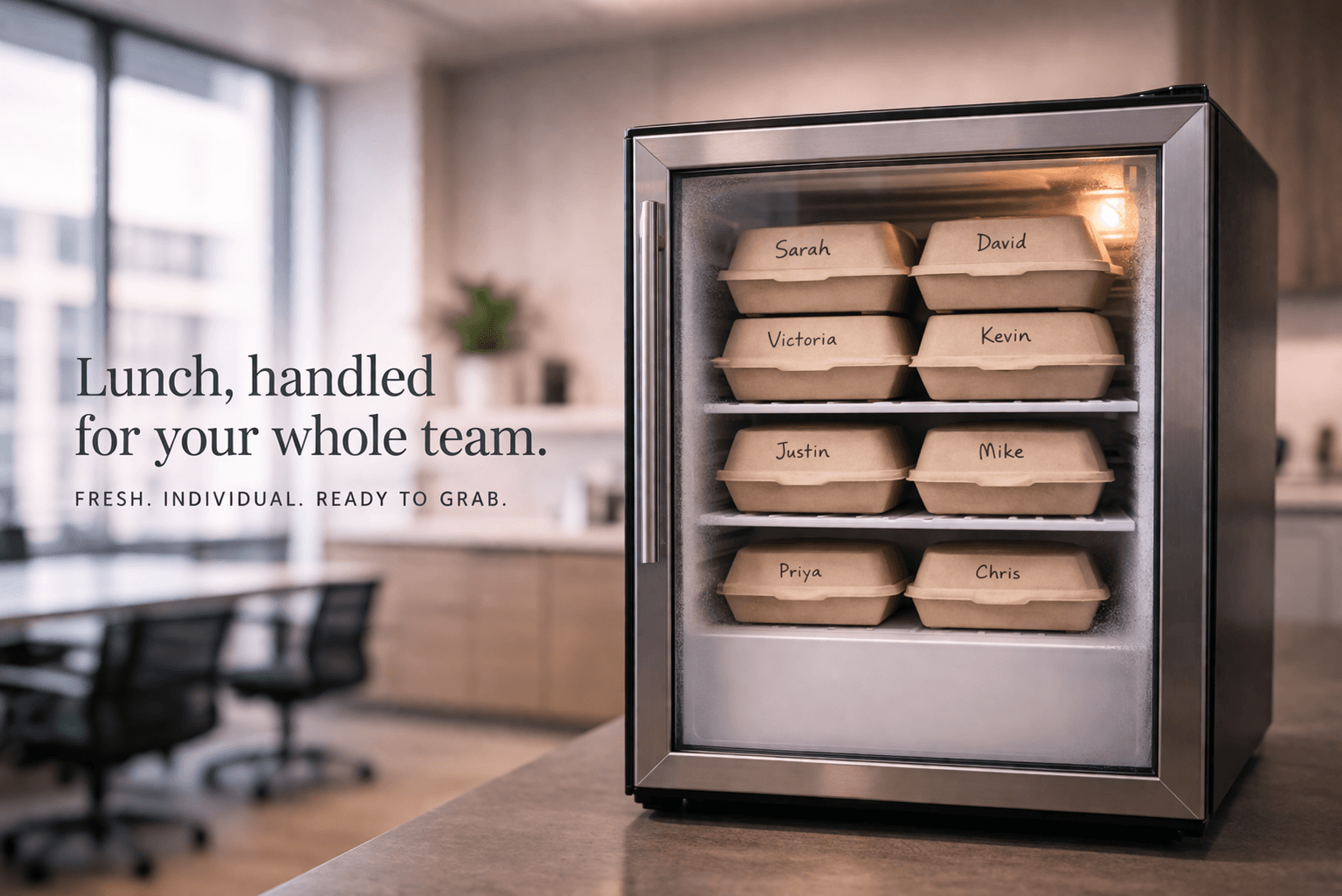 Labeled fresh meals organized in an office fridge