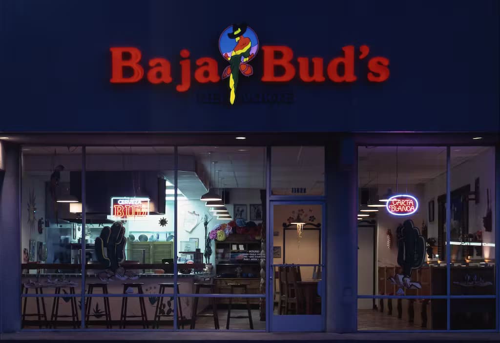 Baja Bud's Mexican restaurant storefront on National Boulevard